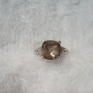Elegant Sterling Silver Ring with a Large Smoky Quartz Center Stone. Size 7